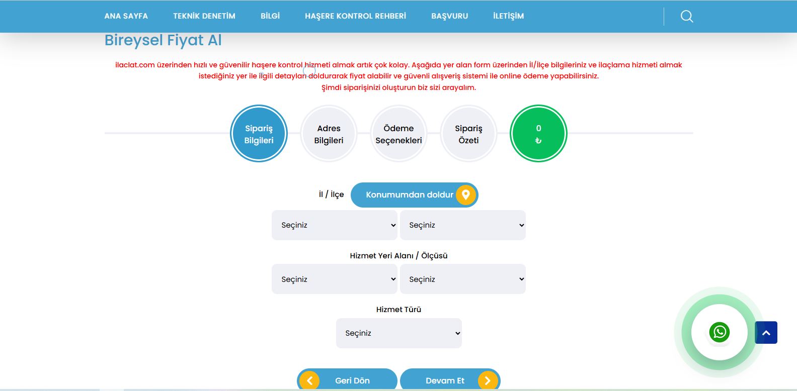 ilaclat.com hizmet seçimi ve online ilaçlama talebi oluşturma ekranı