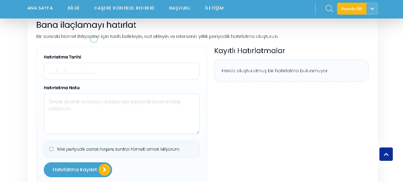 İlaçlama tarihini planlama ve hatırlatma ekranı